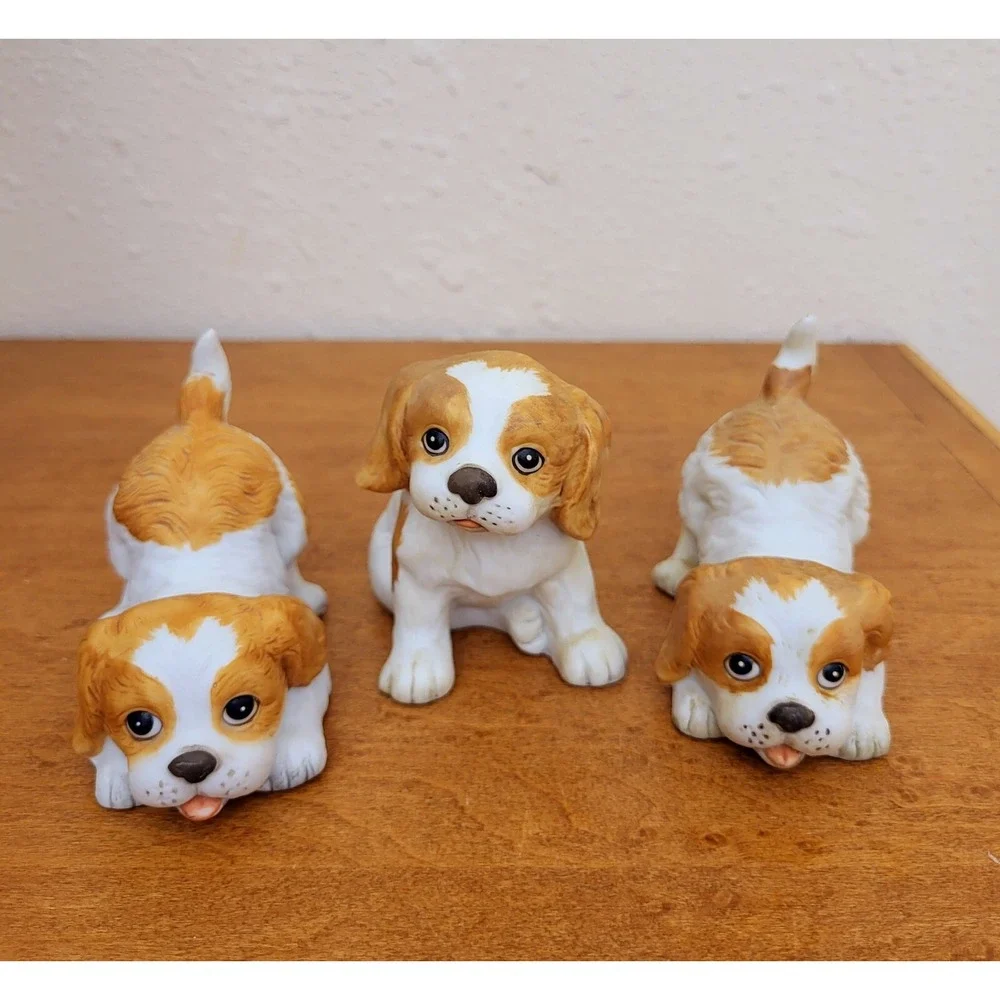 Set of 3 Vintage Homco Porcelain Bisque Spaniel Puppies #1407 Stamped w/ Sticker